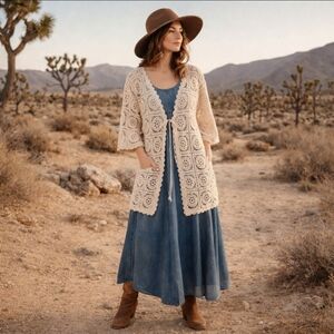 New Very J Crochet Cardigan Natural Cream long Tie Front NWT Sz S/M